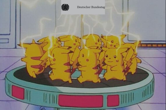 Das Bild zeigt Pokemon Pikachus, die den Bundestag mit Energie versorgen.